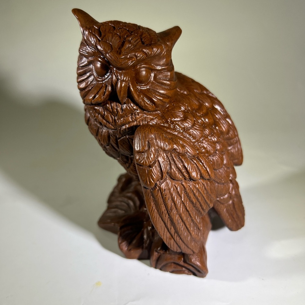 Vintage Red Mill Mfg Carved Owl Figurine Pecan Shell Resin 4.75" Handcrafted USA